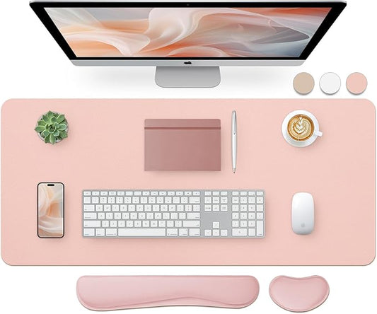 Bloss Leather Desk Pad and Keyboard Wrist Rest, Large Mouse Pad + Keyboard Pad+Mouse Wrist Support, Non-Slip Desk Mat Protector for Office, Home (35.4×15.7 Inches,Pink)