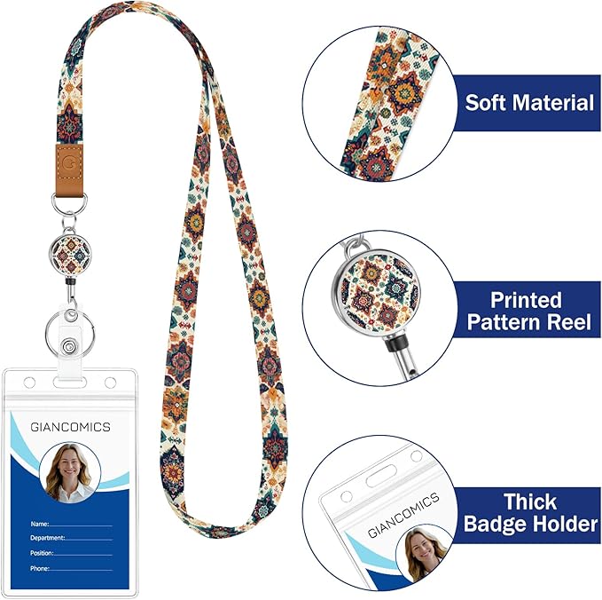 Giancomics Boho Lanyards for Id Badges, ID Badge Holder with Retractable Reel, Waterproof Lanyards for Cruise Ships Cards Key Cute Office Work Name Tag Zip Type Card Holder Protector 2 Pack