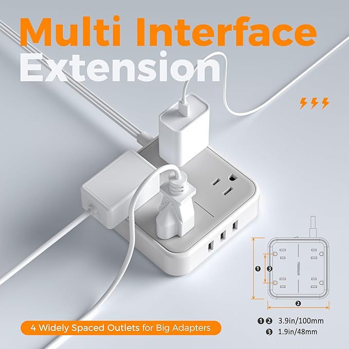 Flat Plug Surge Protector Power Strip, TESSAN 5 ft Extension Cord with 4 Outlets and 3 USB Ports, Indoor Desk Charging Station, 900J Surge Protector for Travel, Office, School, Dorm Room Essentials