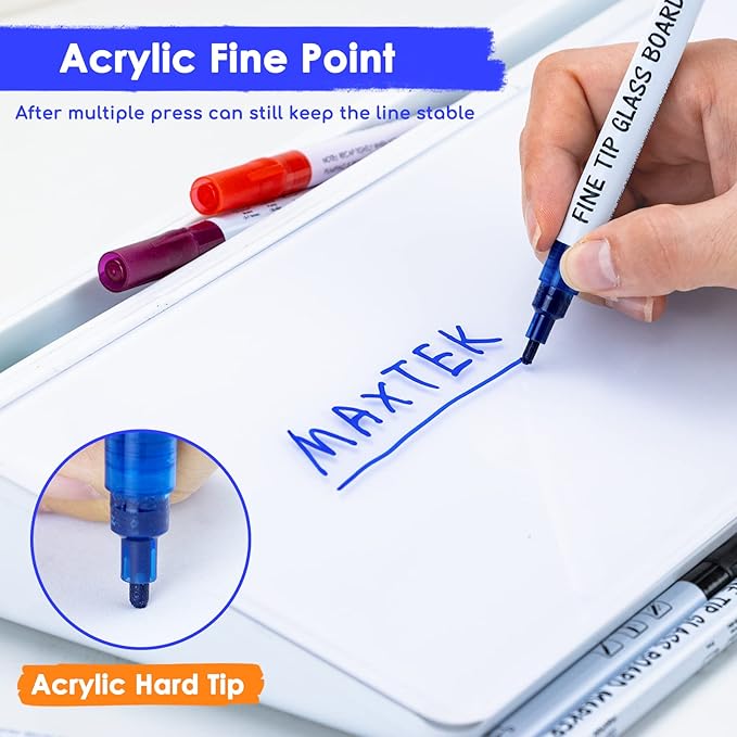 Maxtek Dry Erase Markers Fine Tip, Glass Board Markers for Glass, Window, Acrylic, Planning Board, 1mm Fine Points, 8 Bold Colors