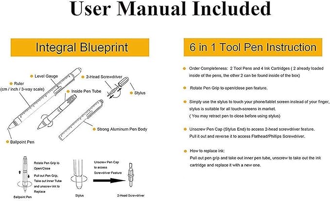 HeTaoCat Gifts Multi Tech Tool Pen 6 in 1 Stylus Pen - Screwdriver Pen with Ruler, Levelgauge, Ballpoint Pen Black ink (Black)