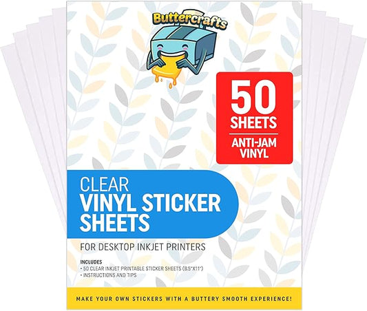 Clear Printable Vinyl for Inkjet Printer (Clear Sticker Paper | Waterproof | 50 Sheets) - Transparent Inkjet Printable Vinyl Sticker Paper Avoid Jams for Printers | Transparent Sticker Paper