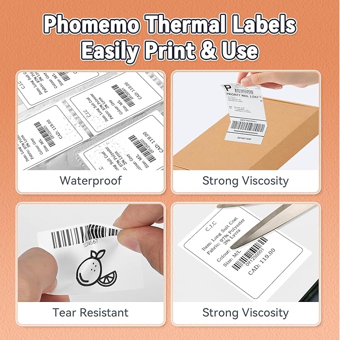 Phomemo Thermal Labels- Address Labels Sticker for M120/M220/M110/M221/M150/M250 Label Printer Machine, 1.97"x3.15"(50x80mm),100 Labels/Roll, for Barcode/Cloth/Name/Bussiness Tag,Black on White