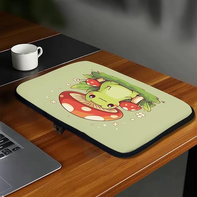 Mushroom Frog Laptop Sleeve for Women 12 inch Laptop Protector with Multiple Uses Computer Carrying Case Portable Tablet Bag Lap Top Case Cute Laptop Protector Green