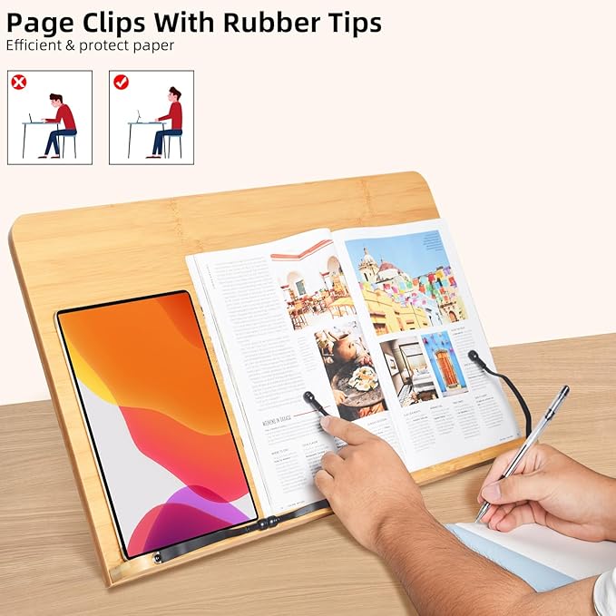 wishacc 24" Oversized Large Bamboo Book Stand & Holder for Reading Hands Free for Large Books in Bed,Cookbook,Textbook,Law,with 8 Adjustable Height Laptop Stand