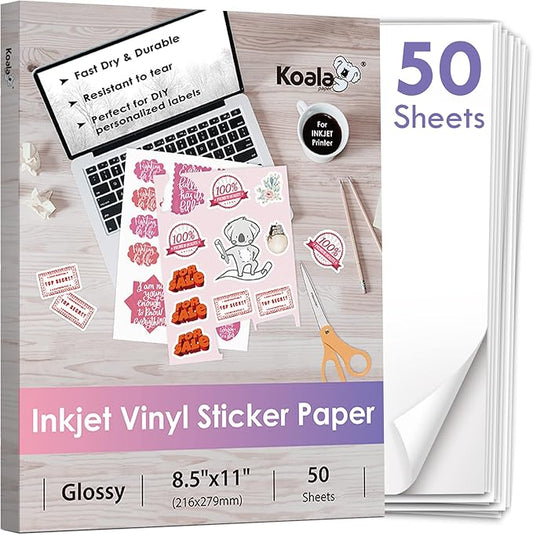 Koala Printable Vinyl Sticker Paper for Inkjet Printer - 50 Sheets White Glossy Sticker Paper, Waterproof Sticker Printer Paper 8.5x11 Inch, Tear-Resistant, Removable