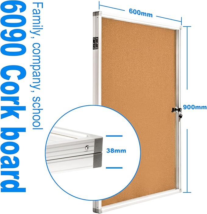 Pinboard Enclosed Bulletin Board 36 x 24 Inch Lockable Cork Noticeboard for School Office, Wall Display Case with Lock (Cork Board)