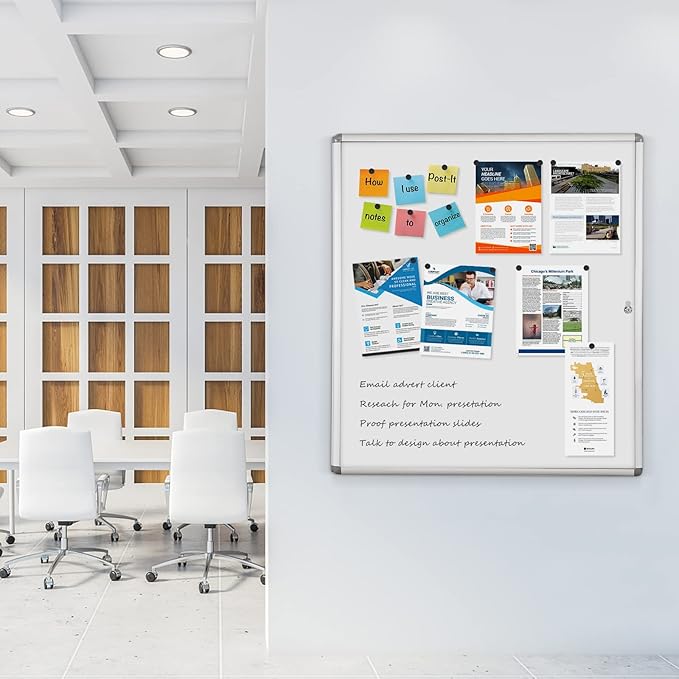SWANCROWN Locking Bulletin Boards Enclosed Noticeboard White Glass Message Boards Indoor for School Office 38x38 inches (12xA4)