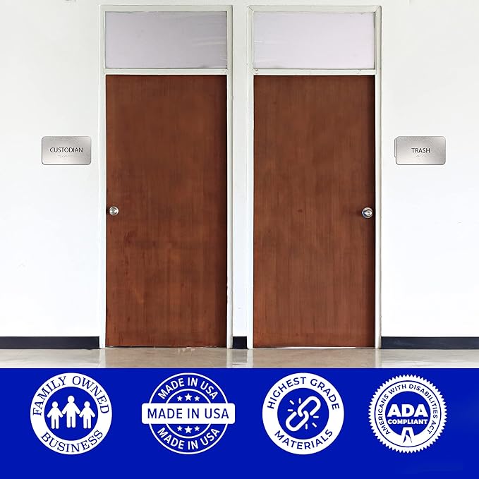 ADA Custodian Closet Sign for Business - Office Signs, Aluminum Brushed Silver, Tamper-Proof, Heavy Duty Mounting Tape, Easy Install, Office Décor, ADA Compliant, Grade 2 Braille (7”W x 4”H) ADASigns.org