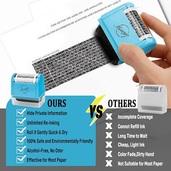 Miseyo Wide Identity Theft Protection Roller Stamp Set - Blue (3 Refill Ink Included)