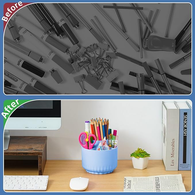 Marbrasse 360-Degree Rotating Pen Pencil Holder, Desk Organizer with 5 Compartments, Art Supply Storage Box Caddy (Sapphire Blue)