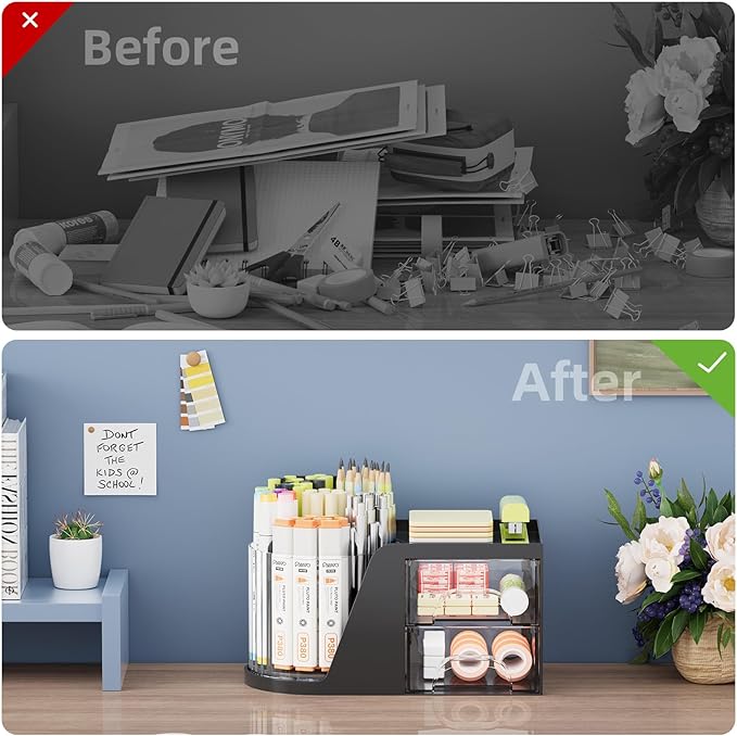 Marbrasse Desk Organizer with 2 Drawer, 360 Rotating Pen Holder, 6 Slots Pencil Organizer + 2 Drawer, Art Supply Storage Box Caddy for Office (Black)