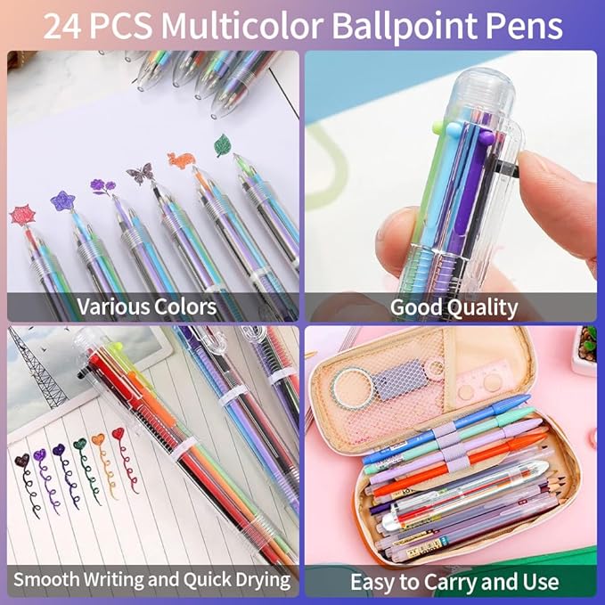 Easter Basket Stuffers 24 PCS Ballpoint Pens for School 6-in-1 Colored Pens Ballpoint Party Favors Office Supplies Multicolor Pens Back to School Gifts for Kid Students Son Daughter Classroom Birthday