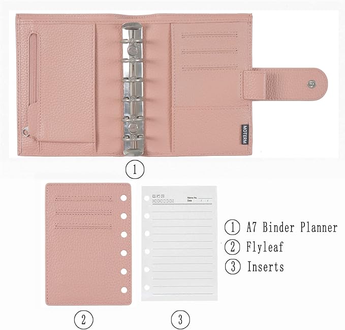 Moterm Pocket Regular Rings Planner - Genuine Leather Binder Organizer (Pebbled-Dusty Rose, 19mm Ring)