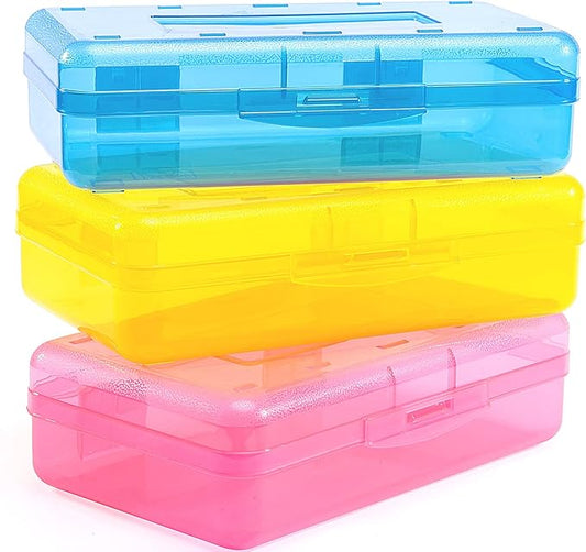 Sooez 3 Pack Pencil Case, Large Pencil Box Bulk, Clear Crayon Box Marker Pen Organizer, Plastic Storage Container with Snap-tight Lid, Stackable School Art Supply Bead Craft Organizer, Colorful