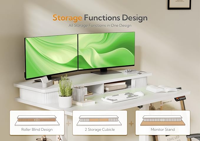 Standing Desk with Roller Shutter Door, Electric Standing Desk Adjustable Height, Adjustable Standing Desk with Storage Shelves, 48 Inch White