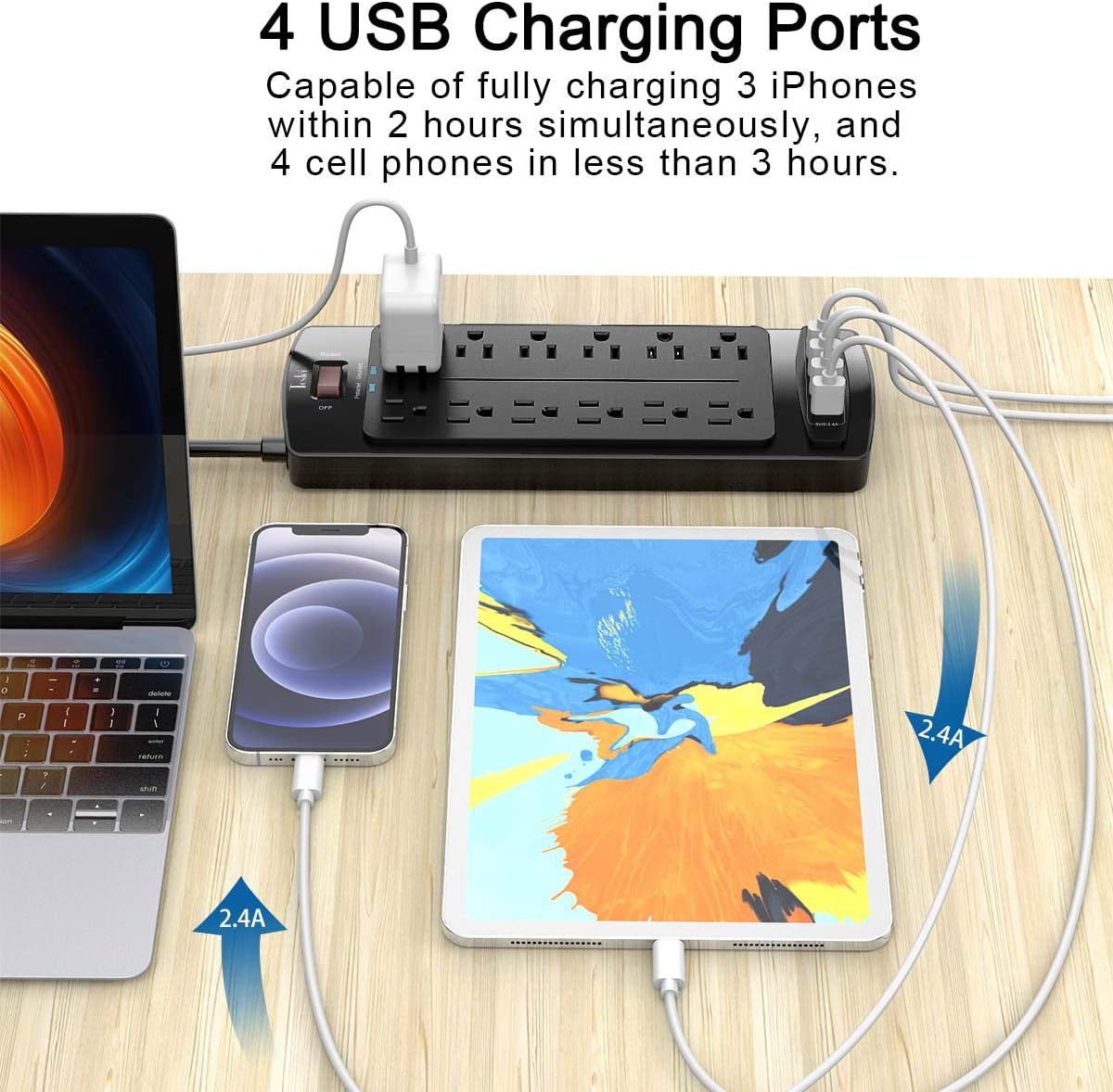 Power Strip, Tcstei Surge Protector with 12 Outlets and 4 USB Ports, 15 Feet Extension Cord (1875W/15A) for Home, Office, Dorm Essentials, 2700 Joules, ETL Listed, Black