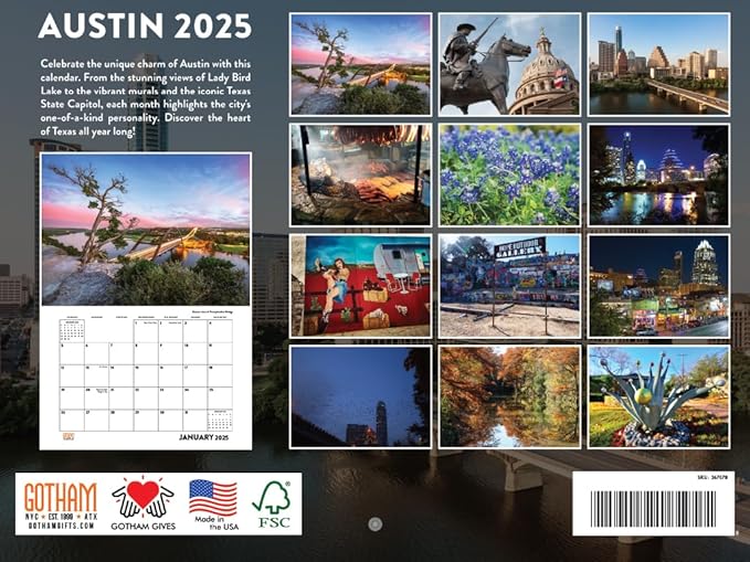 Austin Texas Calendar 2025 Monthly Wall | American Made In The USA