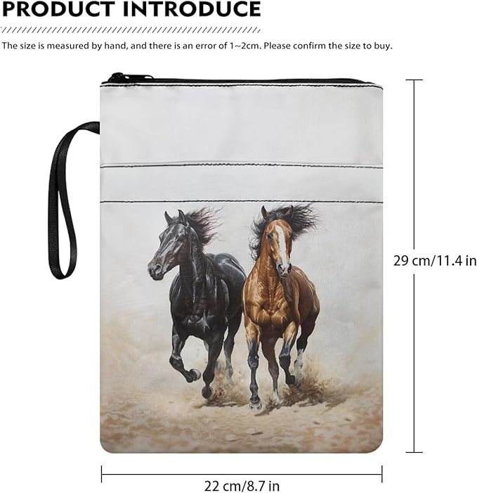 COEQINE Horses Themed Zippered Book Covers for Soft Cover Books Hard Cover Cool Animal Book Protectionale Book Sleeves Case with Hand Handles Portable Chain
