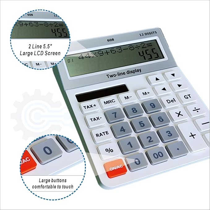 Battery and Solar Unique 120-Step Calculation Check Memory 12 Digit 2 Line and 5.5" LCD Display, Configurable Tax Rate Financial Calculator for Tax Calculations(Only 1 AAA Battery is Needed)
