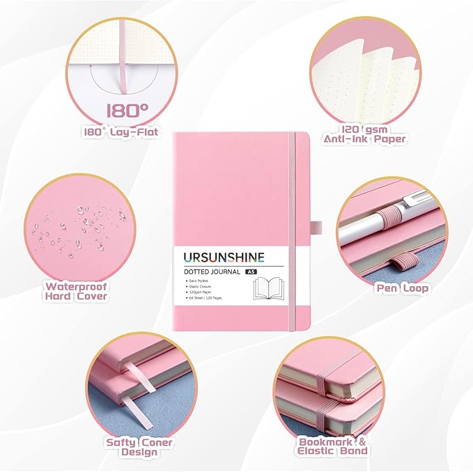 Dotted Journal/Notebook - Dot Grid Hard Cover Notebook, Premium Thick Paper with Fine Inner Pocket, Black Smooth Faux Leather, Pen Loop, 5.3'' x 8.26'' - Pink