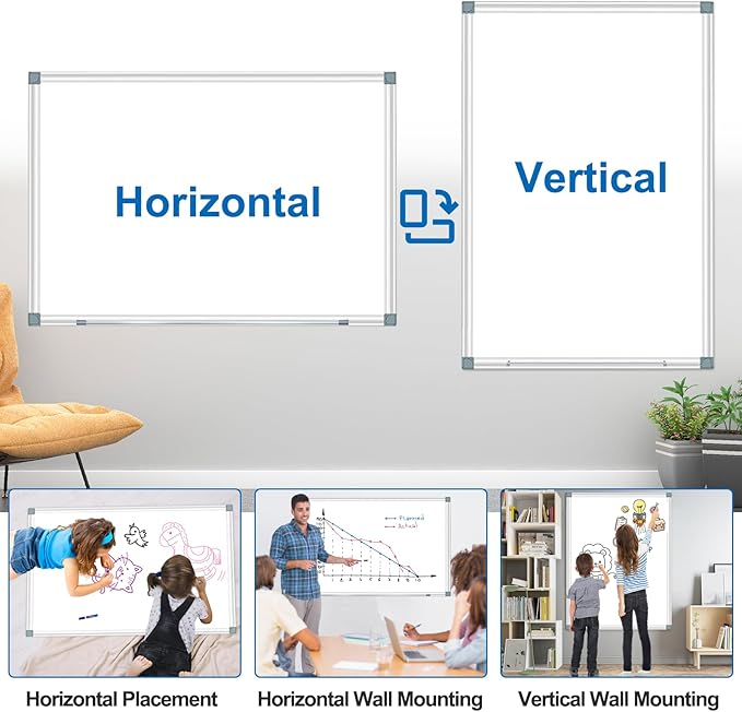 White Board Dry Erase Whiteboard for Wall 36" x 24" (2pcs) Aluminum Presentation Magnetic Whiteboards with Long Pen Tray, Hanging Whiteboard for Office, Meeting Room, Classroom, School & Home