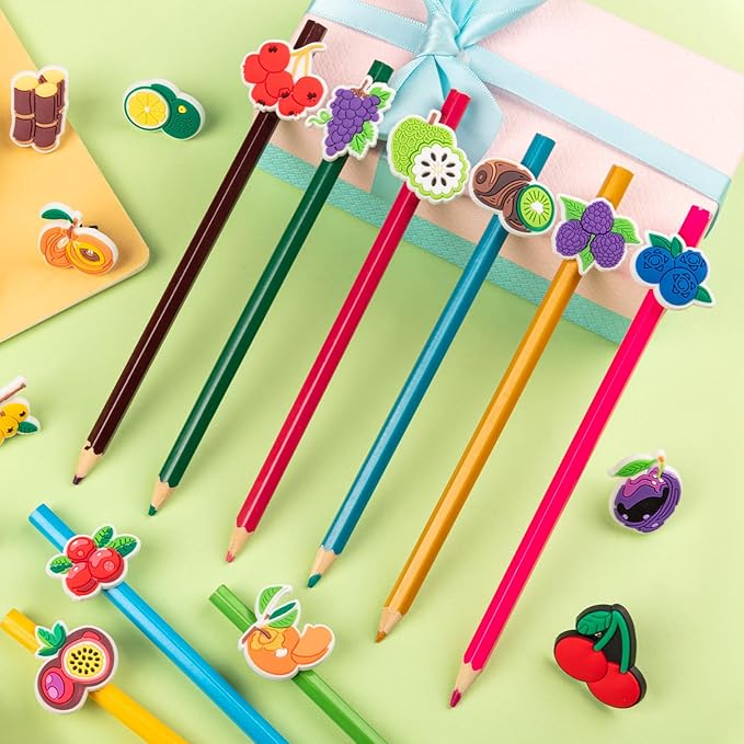 WDAHDHP Pencil Clips Topper for Kids, 50Pcs Different Cute Pencil Fruit Clips, Pencil Charms Bulk for Boys and Girls Classroom Prizes School Rewards