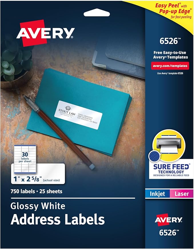 Avery Address Labels with Sure Feed and Easy Peel Technology, Glossy White Labels, 1" x 2-5/8", Permanent, Laser/Inkjet, 750 Glossy Labels (6526)