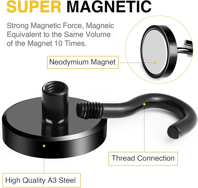 DIYMAG Black Magnetic Hooks, 118 LB Heavy Duty Strong Magnet with Hooks, Strong Rare Earth Neodymium Magnet Hooks for Hanging, Magnetic Hanger for Curtain, Home, Kitchen, Workplace, 20 Packs