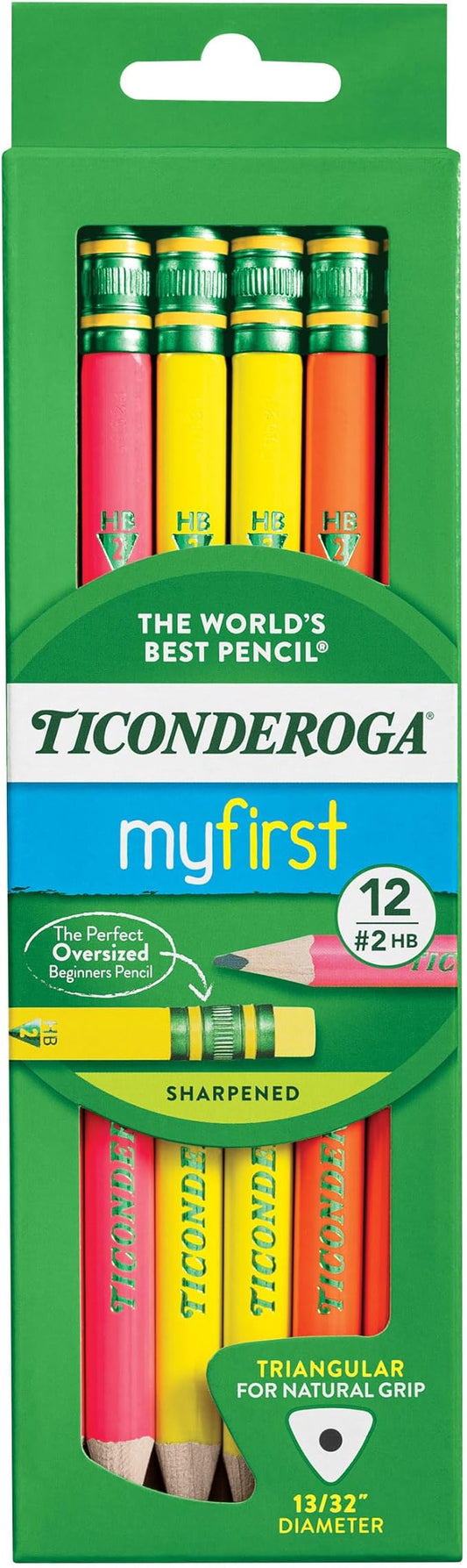 Ticonderoga My First Tri-Write Wood-Cased Pencils, Pre-Sharpened, 2 HB, With Erasers, Neon Colors, 12 Count