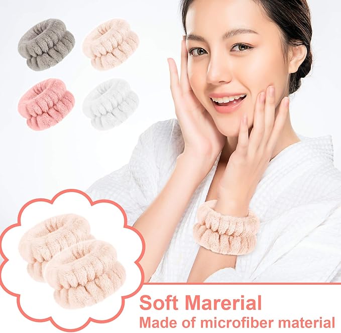 Chuangdi 4 Pairs Wrist Bands for Washing Face Wrist Spa Microfiber Wash Towel Band Scrunchies Absorbent Wristbands Sweatband for Women Prevent Liquid from Spilling