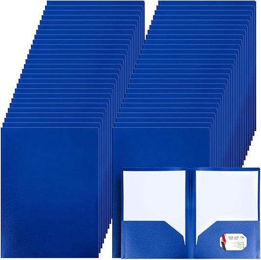 Patelai 50 Pack Pocket Folders Bulk 2 Pocket Heavy Duty Plastic Folders with Pockets Letter Size Folders Business Card Holder for School Office File (Blue)