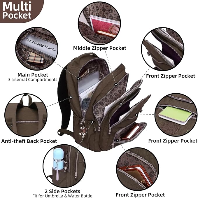 Casual Lightweight Travel Laptop Backpacks Water Resistant Large Nylon Backpack for Men Women Hiking Camping Cycling Packback Daypack, Fits 17.3 Inch Laptop and Notebook - Coffee