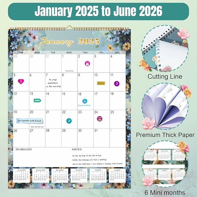 Gannyfer 2025 Wall Calendar, Large Wall Calendar 22"x17", 18 Monthly Hanging Calendar January 2025-June 2026, Yearly Planner Calendars with Plastic Cover, Thick Paper for Home School, or Office, Christmas Gifts for Women-Floral (6 Funny Stickers)