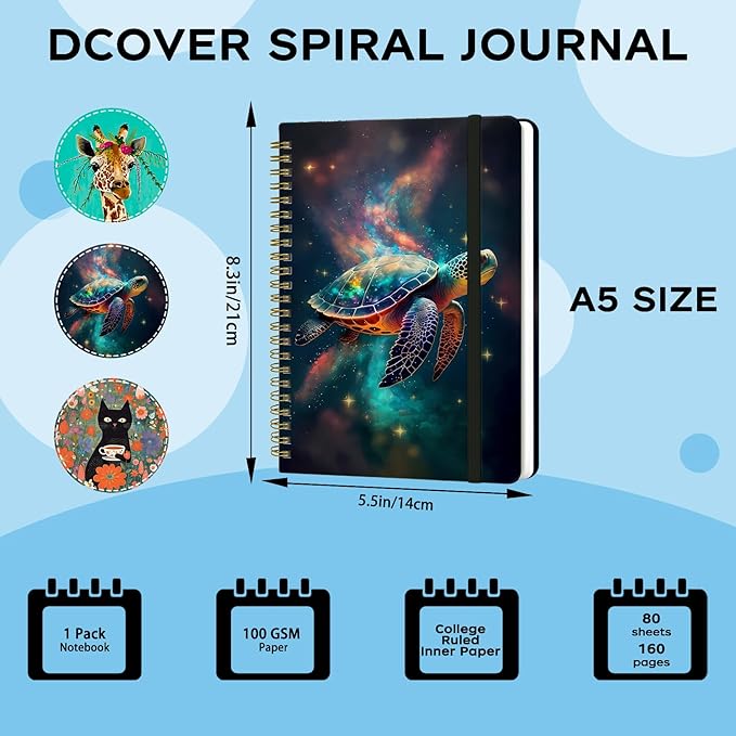 Spiral Notebook - A5 Spiral Notebooks, 8.3'' × 5.8'', 160 Pages, Aesthetic Journaling Notebooks for Women, College Lined Notebook with Elastic Closure, Back Pocket, for School Office, TurtleE