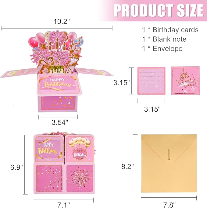 Surprise Pop Up Happy Birthday Cards, Lovely 3D Birthday Card for Adults and Kids with Envelopes, Unique Design Handmade Foldable Greeting Cards for Daughter, Son, Mom, Dad, Friend（Pink）