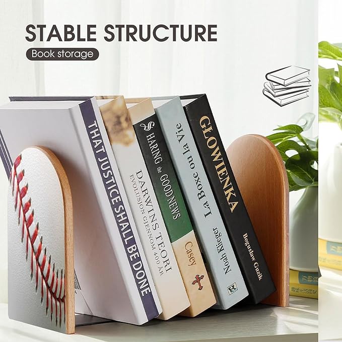 Sport Ball Baseball Lace Wooden Large Book Ends Bookends for Shelves, 2 Pack Non-Skid Bookends for Heave Books, Book Stoppers Holders for Kitchen Office Library, 6.7x4.7x3.9in