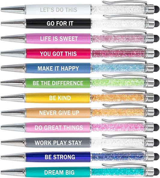 PASISIBICK 12 Pieces Crystal Stylus Employee Appreciation Pens, 2 in 1 Inspirational Greeting Motivational Ballpoint Pens for Christmas Appreciation Gift(12 Colors)