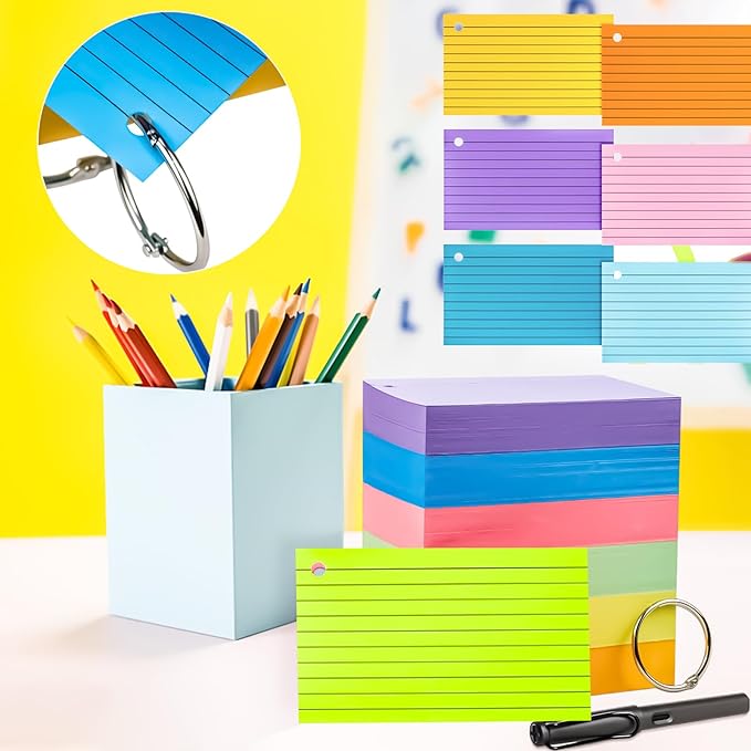 MotBach 180 PCS Index Cards Flash Cards with Binder Rings,4" x 6", Colored Ruled Memo Notecards Study Cards Scratch Pad Lined Studying Record To Do List for Home School Office Supplies
