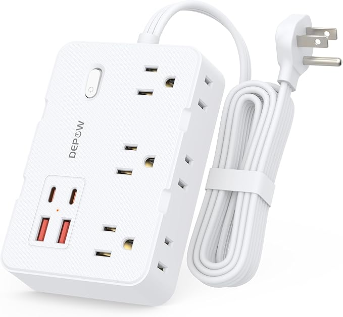 Surge Protector Power Strip with Flat Plug, 5 FT Extension Cord with 6 AC Outlets 4 USB Ports(2 USB-C),1050J Surge Protection, Wall Mountable Charging Station for Office, Home, White