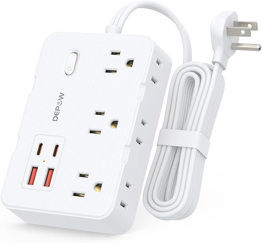 Surge Protector Power Strip with Flat Plug, 5 FT Extension Cord with 6 AC Outlets 4 USB Ports(2 USB-C),1050J Surge Protection, Wall Mountable Charging Station for Office, Home, White