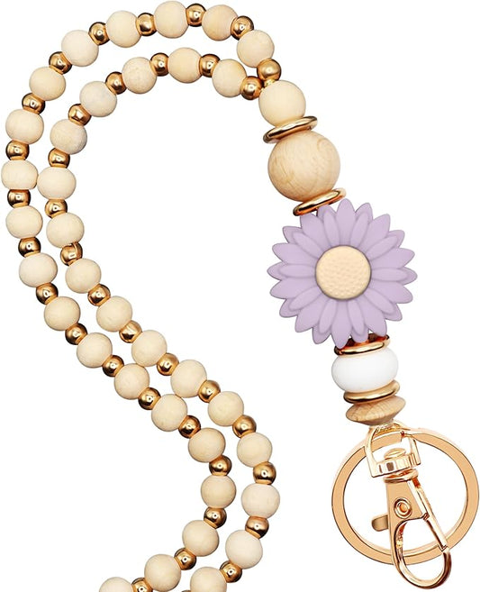 Wooden Teacher Lanyards for Id Badge Cute Flower Wood and Gold Beaded Lanyards for Women for Nurse Badge
