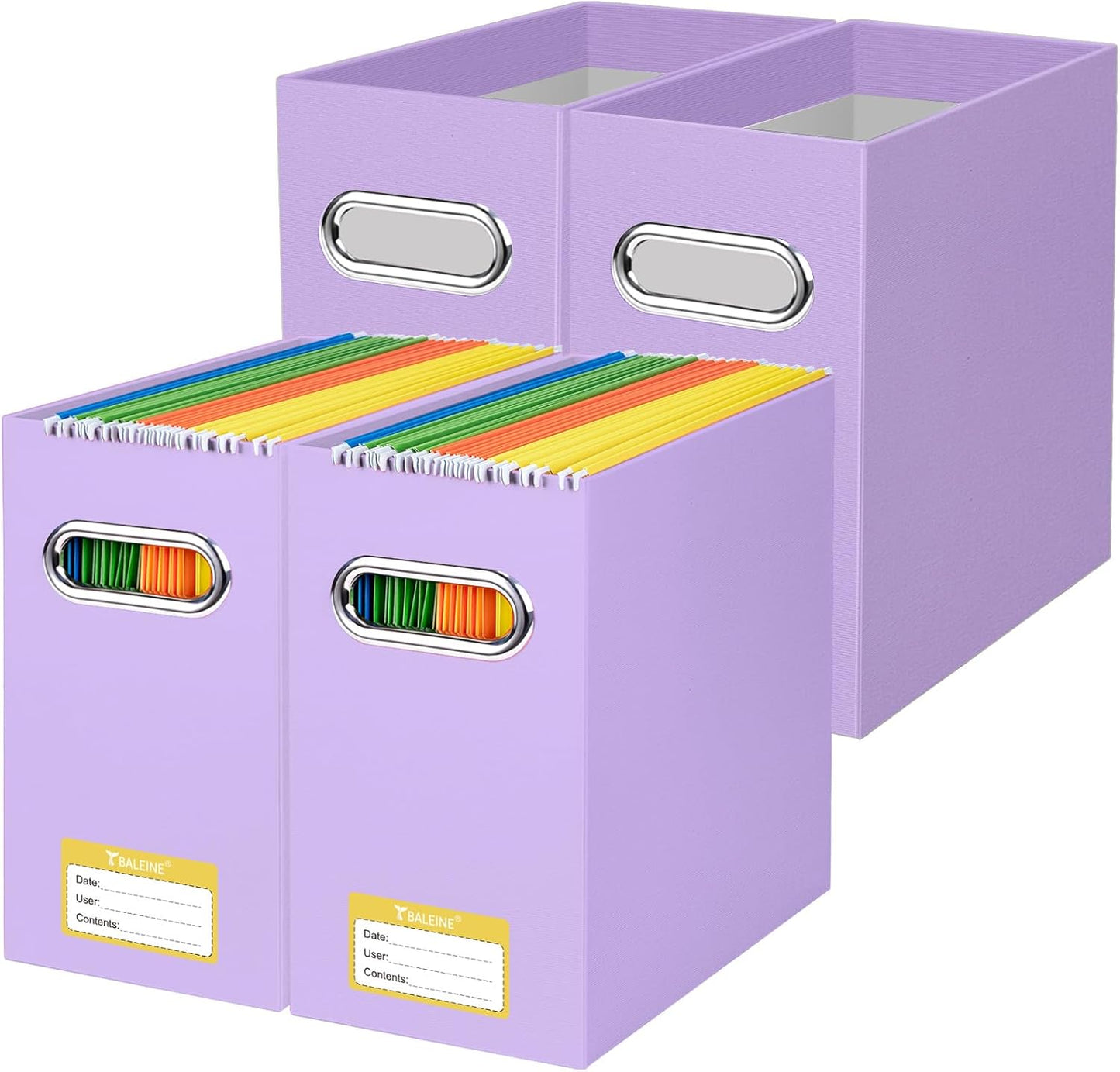 BALEINE File Organizer Box, Cardboard File Folder Organizer with Handle for Letter Size, Portable Collapsible Hanging Filing Box for Home Office Document Storage (4 Pack, Lavender)