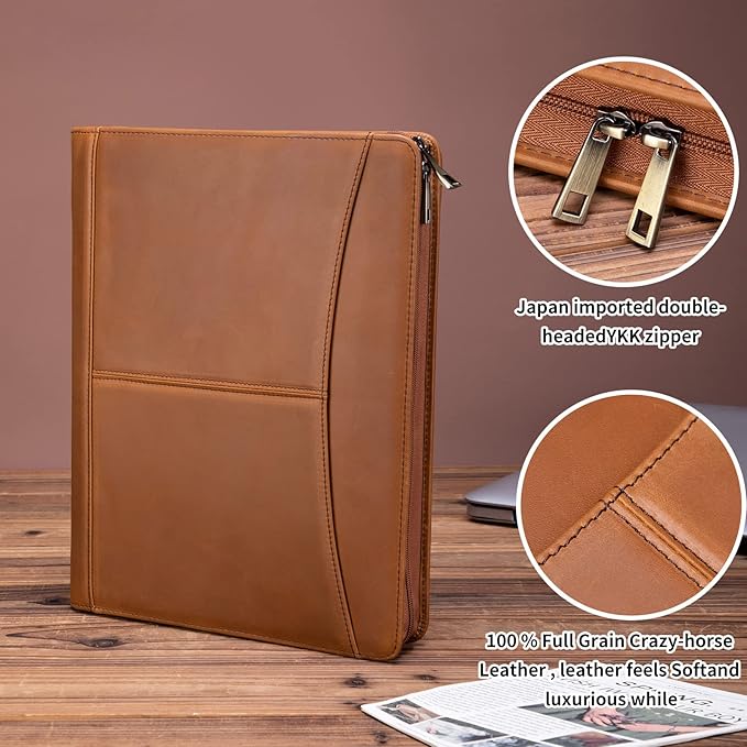 Handmade Crazy-Horse Leather Padfolio Portfolio, Easy to Carry with A Zippered Closure, Business Organizer Tablet Folio Folder with Letter Size Notepad, Gift for Women & Men (Brown, Custom)