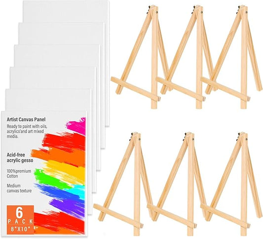 Canvas Boards with Easel for Painting 6 Pack 8 x 10 Inch Painting Canvas Panels with Pine Easels, Blank Canvas Beginner Kit for Acrylic Oil Watercolor Crafts Sip and Paint Art Party
