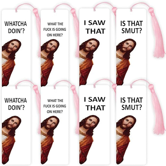 8 Pack Peeking Jesus Bookmark, Peeking Jesus is That Smut Bookmark, Peeking Jesus I Saw That Bookmark, Whatcha Doin'? (Pink)