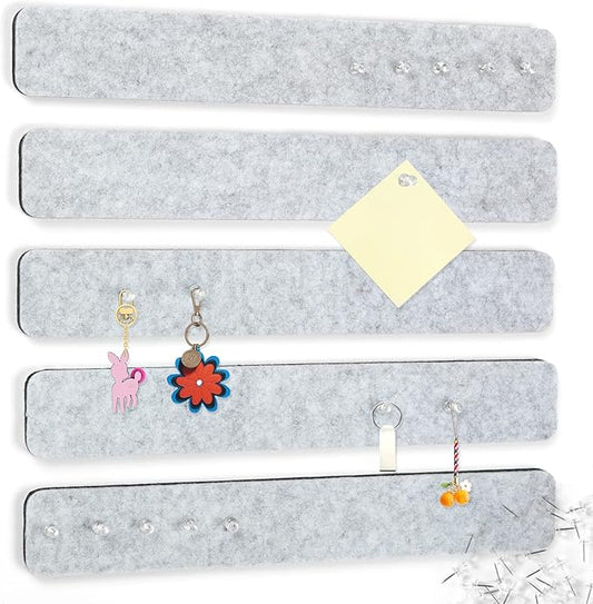 5 Pack Felt Pin Board Bar Strips Bulletin Board for Bedrooms Offices Home Wall Decoration, Notice Board Self Adhesive Cork Board with 35 Push Pins for Paste Notes, Photos, Schedules (Grey)