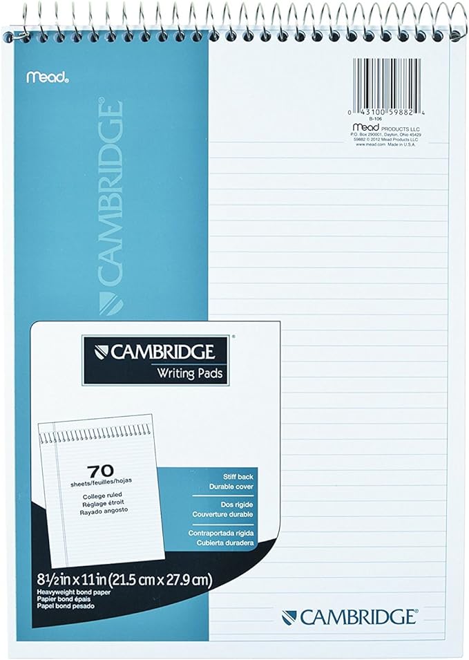 Mead Cambridge Notebook, Wirebound Notepad, Stiff-Back, 8.5 x 11 inches, White, 6 Pack (59882)