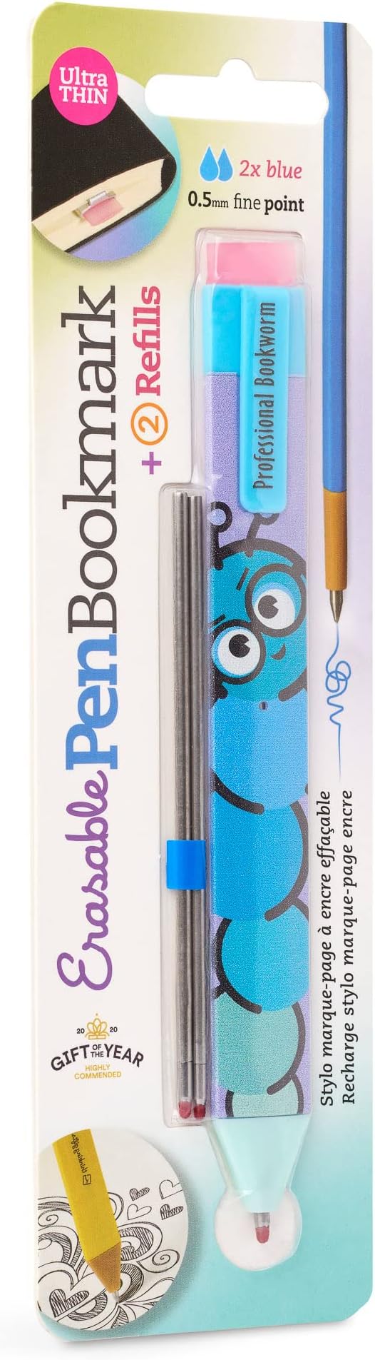 New Pen Bookmark with Refills | Erasable Ballpoint Gel Pen and Bookmark 3-in-1 | Ink Novelty Pen with Eraser | Page Marker | Book Marker | Page Holder Clip | Gift for Reader and Writer (Bookworm)