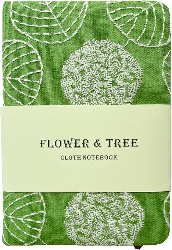 Embroidered Mini Notebook for Girl, Small Fabric Hardcover Journal, A6, 264 Pages, 4x6 Lined Notebook & unlined Sketchbook, Cute Diary, Pocket Notepad Kids Journal, Green Leaf.